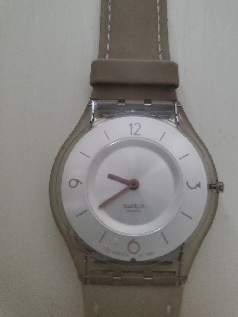 Swatch Watch Taupe Strap Silver Dial with Pink Hands